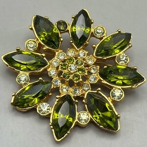 Elegant Vintage Gold Tone Crystal Green Floral Brooch -Luxe Antique Statement